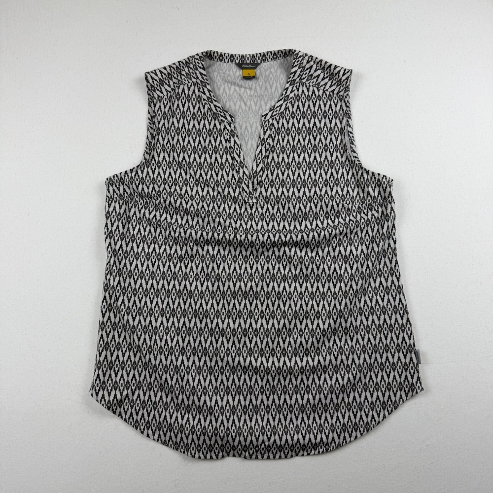 Eddie Bauer Womens Small Sleeveless Geometric Diamond Blouse Black White V-Neck